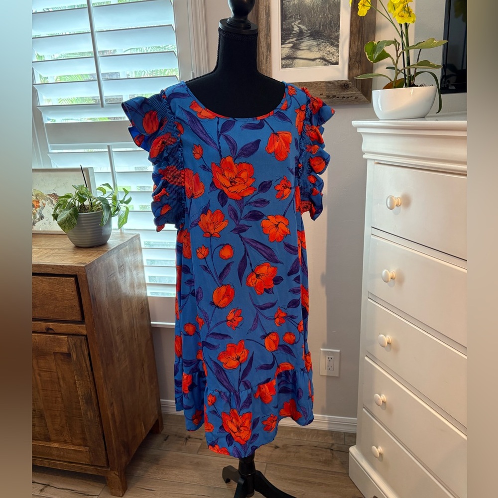 GeeGee 
Blue Dress with Red Floral Print 2X